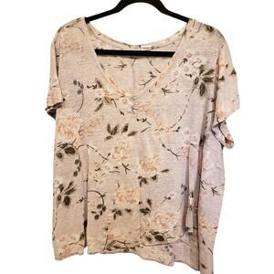 Rachel Ashwell Linen T-shirt Floral Oatmeal Tan Floral Asymmetrical 2X